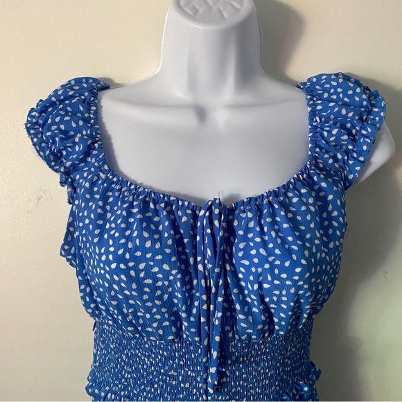 Blue Polka Dot Boho Dress Ruffle Sleeve Sweetheart Neckline Mini Cottagecore S - Picture 2 of 6